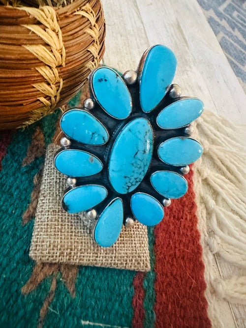 Old Pawn Navajo Sterling Silver & Turquoise Cluster Ring Size 9 by Andy Cadman