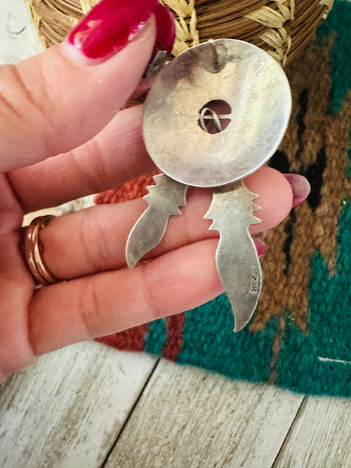 Handcrafted Old Pawn Kingman Turquoise & Sterling Silver Feather Concho Dangle Earrings