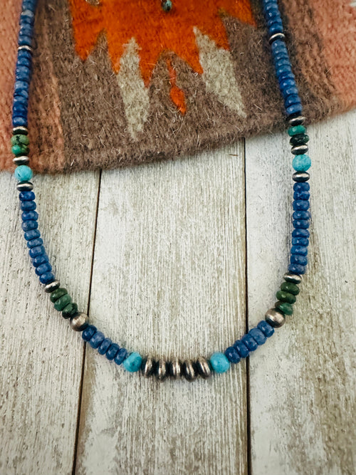 Navajo Lapis, Turquoise & Sterling Silver 18” Beaded Necklace