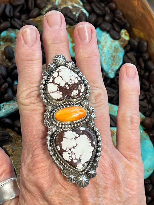 Apache Sterling Silver, Wild Horse Heart and Spiny Oyster Shell Statement Ring by Rosella Paxson, Size 9