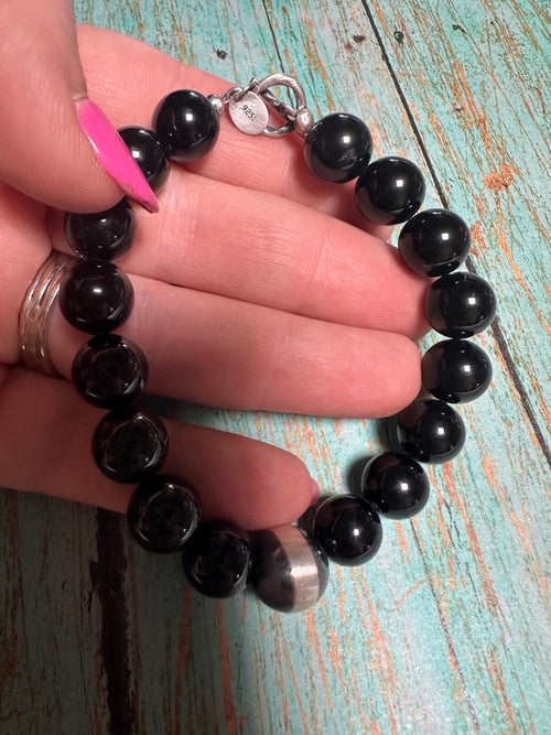 Handcrafted 8mm Sterling Silver Pearl & Black Onyx Beaded Bracelet