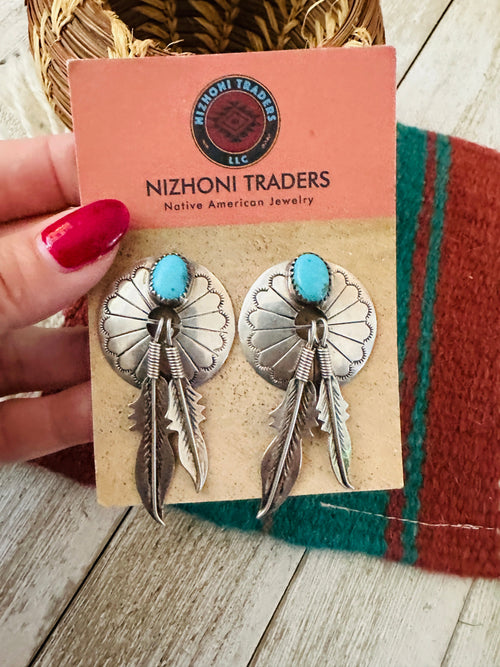 Handcrafted Old Pawn Kingman Turquoise & Sterling Silver Feather Concho Dangle Earrings