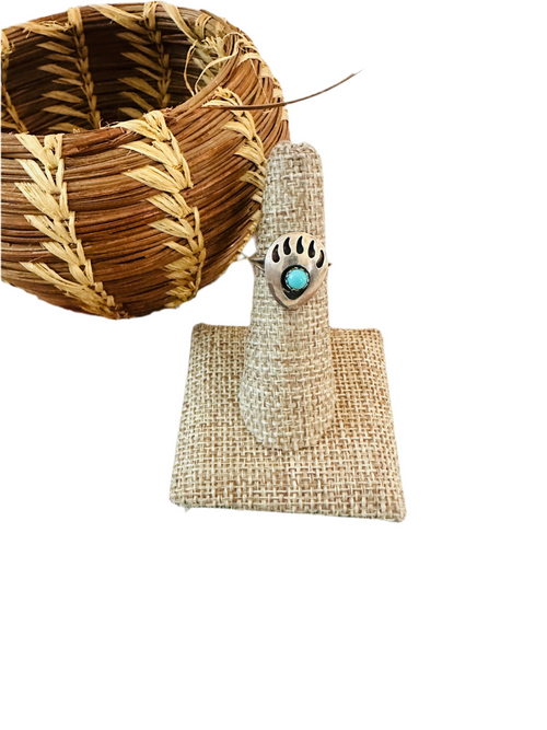 Old Pawn Navajo Sterling Silver & Turquoise Bear Paw Ring