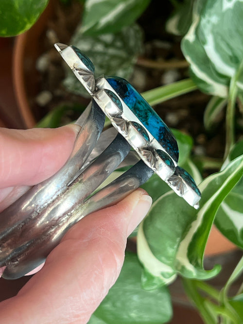 Handcrafted Sterling Silver, Hubei Turquoise and Chrysocolla Azurite Cuff Bracelet by Rosella Paxson /