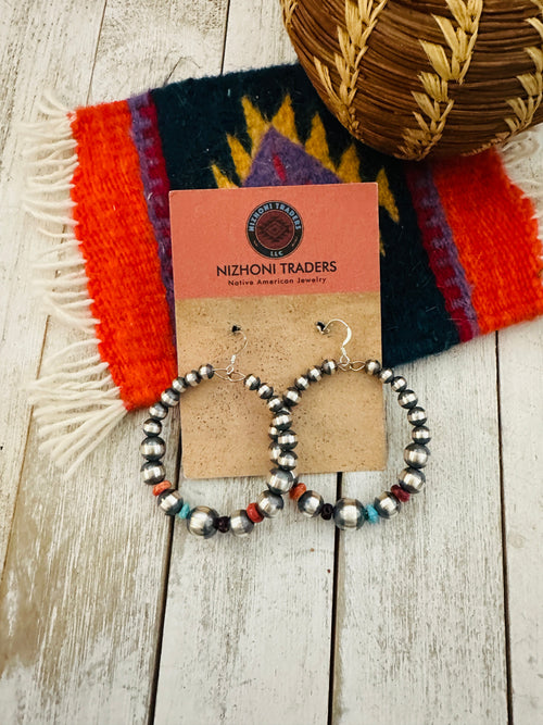 Navajo Spiny, Turquoise & Sterling Silver Beaded Dangle Earrings