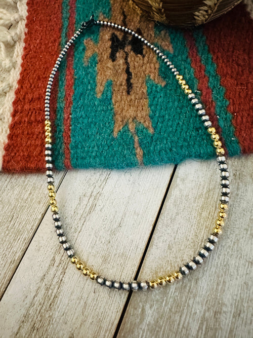 Navajo Sterling Silver & Gold Beaded 16” Necklace