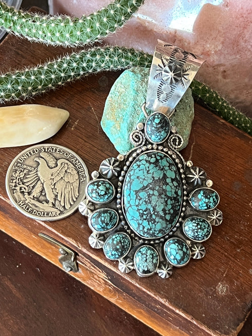 Apache Made Sterling Silver and Hubei Turquoise Cluster Pendant by Rosella Paxson