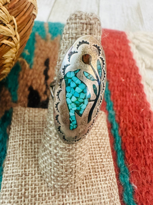 Old Pawn Navajo Sterling Silver, Turquoise & Coral Inlay Bird Ring Size 6