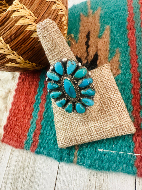 Old Pawn Navajo Sterling Silver & Kingman Turquoise Cluster Ring Size 9.5