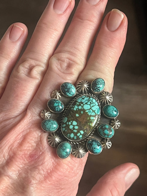 Handcrafted Sterling Silver and Hubei Turquoise Cluster Ring by Rosella Paxson, Size 8.75