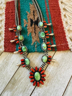 ** Christmas Collection ** Handmade Sterling Silver, Turquoise & Coral Necklace Signed Nizhoni