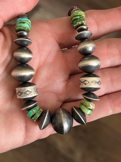 Navajo Made Electric Rainbow Sterling Silver, Turquoise and Spiny Oyster Single Strand Beaded Necklace by Rose Martin, 22 + 2 Inches