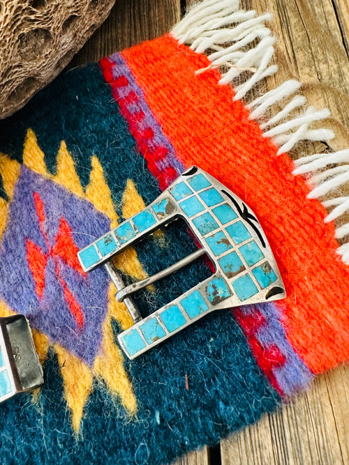Vintage Handcrafted Turquoise & Sterling Silver Horse Belt Buckle