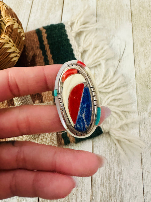 Old Pawn Handcrafted Multi Stone & Sterling Silver Inlay Adjustable Ring by Ken Romero