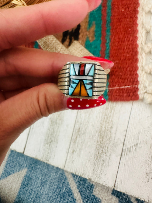 Handcrafted Old Pawn Sterling Silver & Multi Stone Inlay Ring Size 12