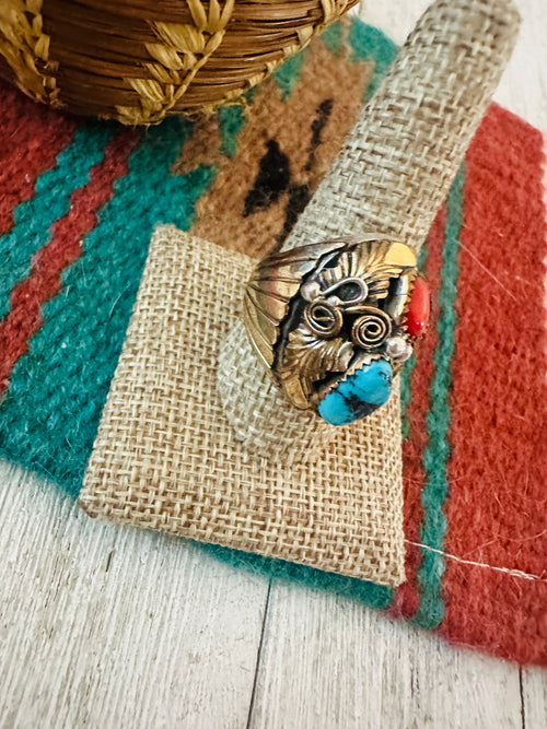 Old Pawn Navajo Sterling Silver with Gold Overlay, Turquoise & Coral Ring Size 10.75