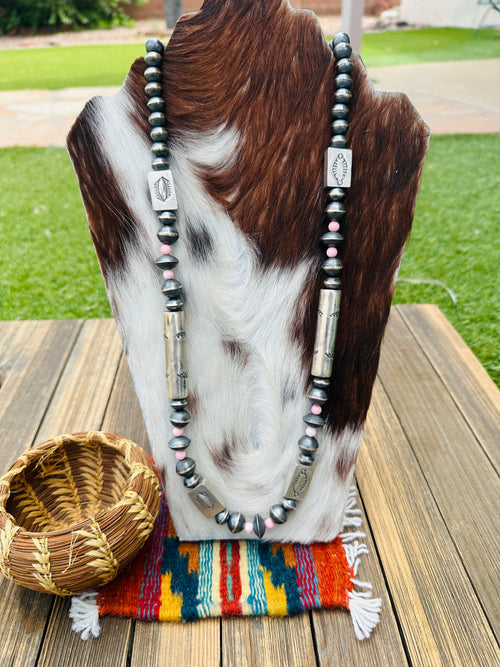 Handcrafted Queen Pink Conch & Hand Stamped Sterling Silver 36” Beaded Necklace