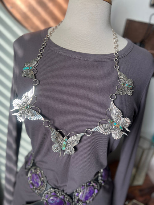 Lee Charley Handcrafted Sterling Silver and Turquoise Butterfly Lover’s Link Necklace, Belt or Hat Adornment