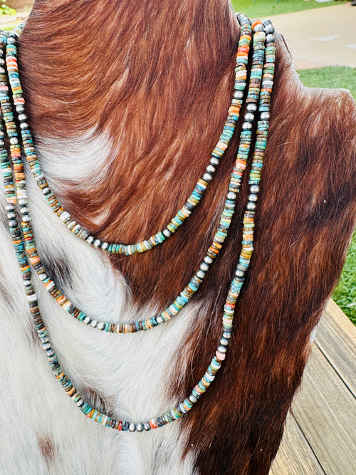 Handcrafted Turquoise, Spiny Oyster & Sterling Silver Beaded Necklace
