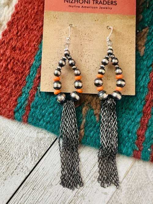 Navajo Orange Spiny & Sterling Silver Pearl Beaded Hoop Earrings