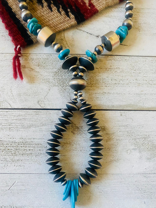 Handcrafted Turquoise & Sterling Silver Pearl Beaded Jacla Necklace