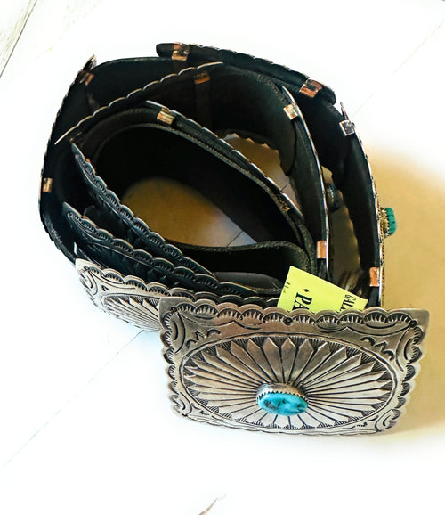 Vintage Black Leather And Sterling Silver Turquoise Concho Belt by Tim Guerro