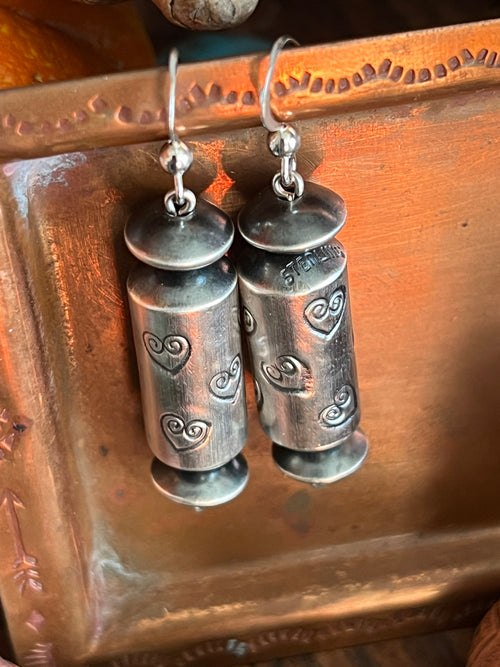 Sterling Silver Handcrafted Heart Stamped Barrel Bead Drop Dangle Earrings by Preston Haley