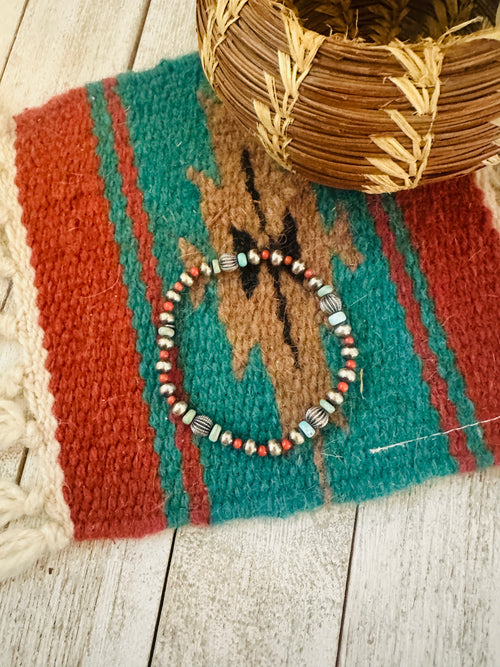 ** Christmas Collection ** Handmade Sterling Silver, Turquoise & Coral Beaded Bracelet