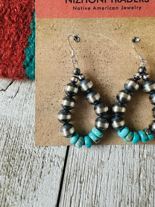 Handcrafted Turquoise & Sterling Silver Pearl Dangle Hoop Earrings