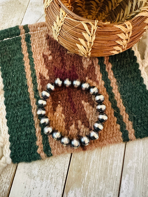 Navajo 10mm Sterling Silver Pearl Beaded Stretch Bracelet