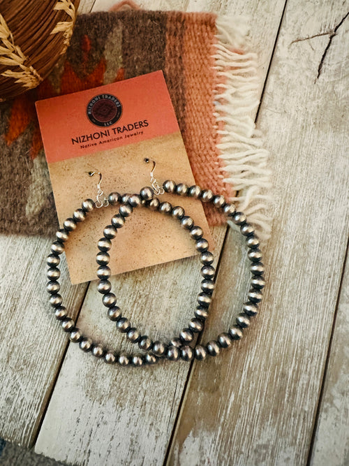 Navajo Sterling Silver Pearl Beaded Dangle Hoop Earrings