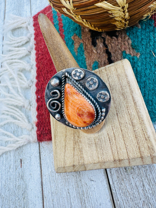 Old Pawn Navajo Sterling Silver & Orange Spiny Ring Size 8
