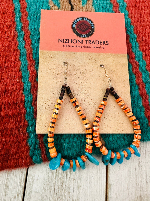 Handcrafted Turquoise, Spiny & Heishi Beaded Hoop Earrings