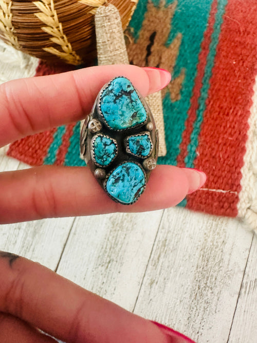 Old Pawn Navajo Sterling Silver & Kingman Turquoise Cluster Ring Size 10.25