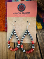 Handcrafted Spiny Oyster & Sterling Silver Beaded Dangle Hoop Earrings