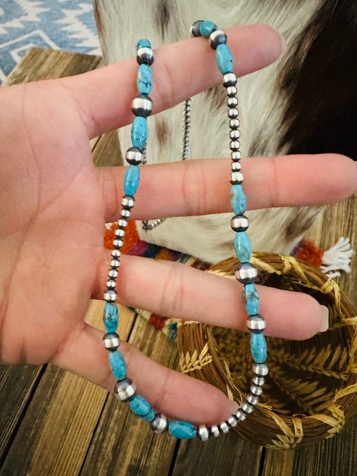 Handcrafted Turquoise & Sterling Silver Pearl 20” Beaded Necklace