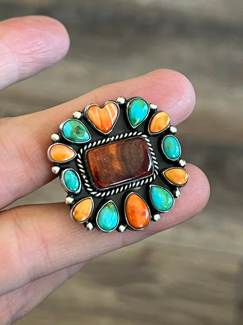 Navajo Electric Rainbow Turquoise and Spiny Oyster Ring by Angela Martin and Bernyse Chavez, Size 7.5-8