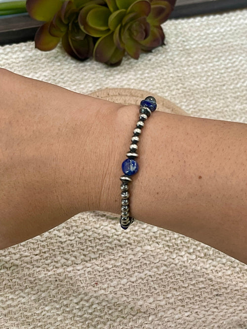 ** 4TH OF JULY ** Handmade Sterling Silver & Lapis Beaded Bracelet Signed Nizhoni