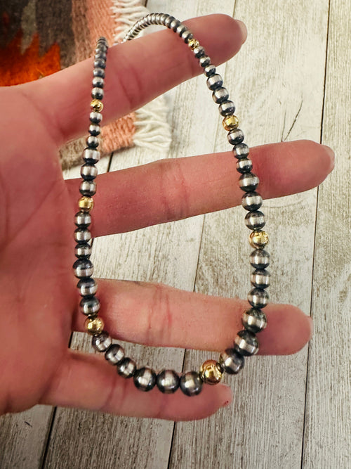 Navajo Sterling Silver & Gold Beaded 16” Necklace