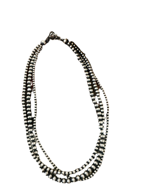 Navajo Sterling Silver Pearl Triple Strand 16” Beaded Necklace