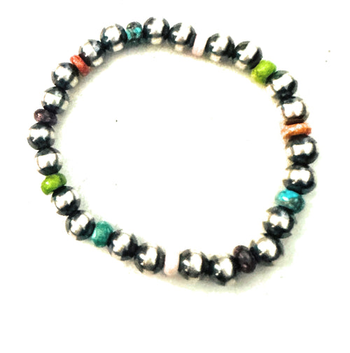 Handcrafted Multi Stone & Sterling Silver Pearl Beaded Stretch Bracelet