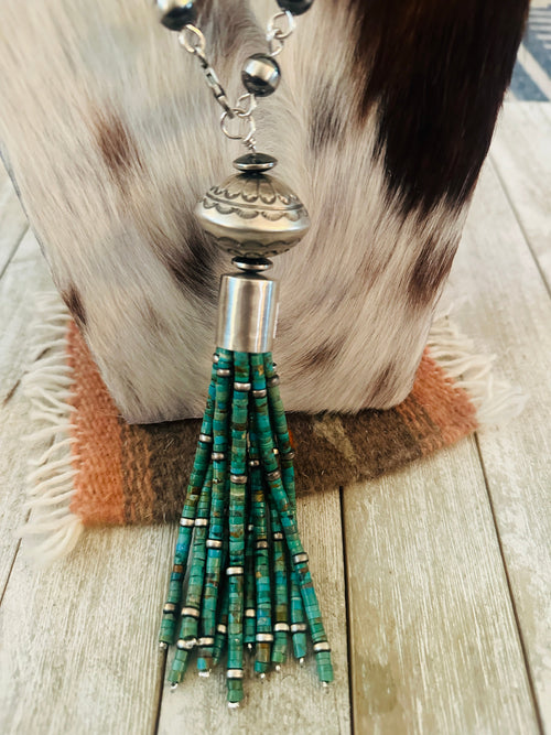 Navajo Turquoise & Sterling Silver Pearl Beaded Tassel Necklace