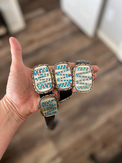 Tremendous Old Pawn Handcrafted Sterling Silver, Mother of Pearl and Opal Inlay Concho Belt by Albert Francisco