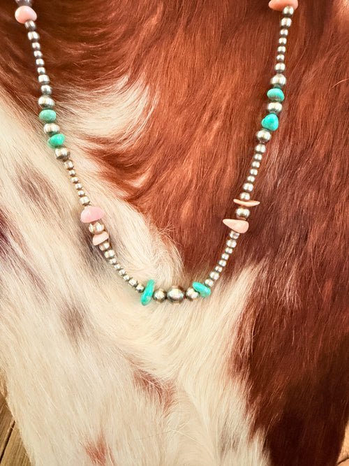 Handcrafted Turquoise, Queen Pink Conch and Sterling Silver Pearl Beaded Necklace