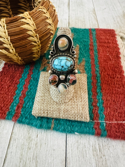 Handcrafted Old Pawn Sterling Silver & Multi Stone Ring Size 8.5