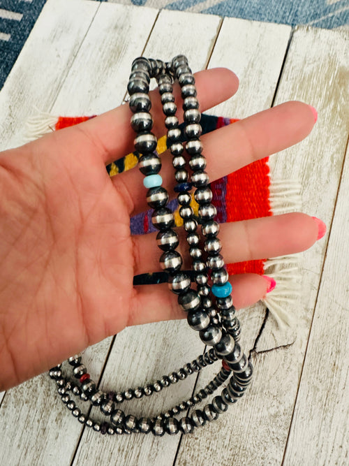 Handcrafted Multi Stone & Sterling Silver Pearl Triple Strand Beaded Necklace 22”