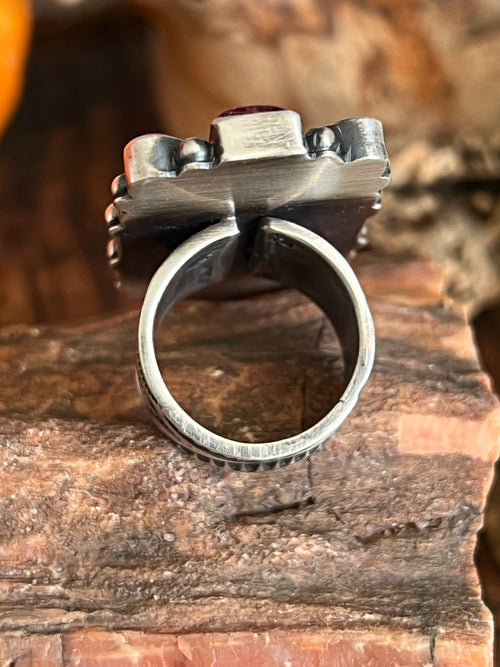 Electric Rainbow Handcrafted Turquoise and Spiny Oyster Cluster Ring by Bernyse Chavez, Adjustable