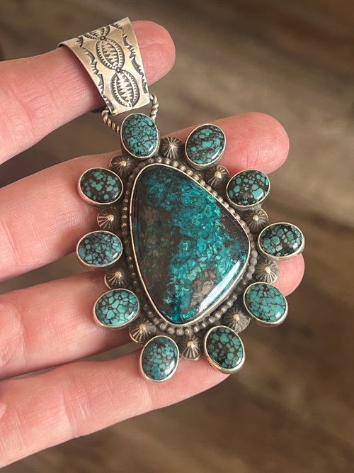 Apache Made Sterling Silver, Hubei Turquoise & Chrysocolla Azurite Cluster Pendant by Rosella Paxson