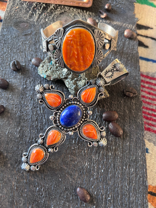 Rosella Paxson Sterling Silver, Lapis & Spiny Oyster Cross Pendant