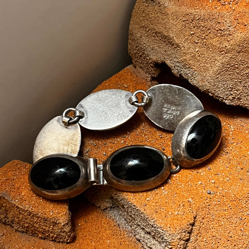 Handmade Old Pawn Sterling Silver & Oval Black Onyx Bracelet